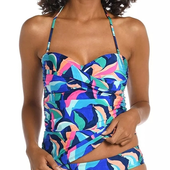 NWT La Blana Bandeau Ruched Tankini Swimsuit Top Painted Leaves Halter Multi 12 - Picture 1 of 10
